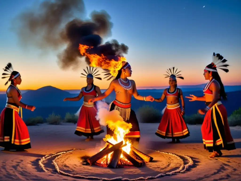 Danzas tradicionales sagradas significado cultural: Grupo de bailarines indígenas realizando un ritual alrededor de una fogata bajo el cielo nocturno