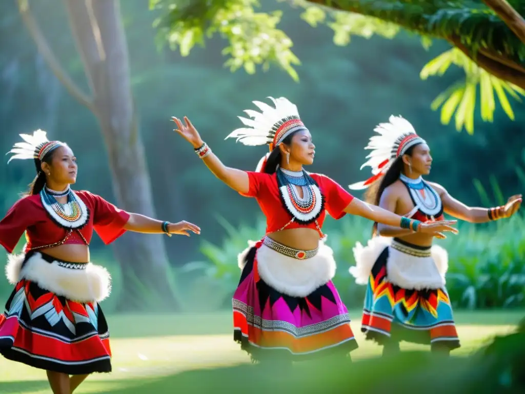 Danzas tradicionales significado cultural: Grupo de bailarines indígenas con trajes vibrantes realizando una danza ceremonial en un claro soleado rodeado de exuberante vegetación