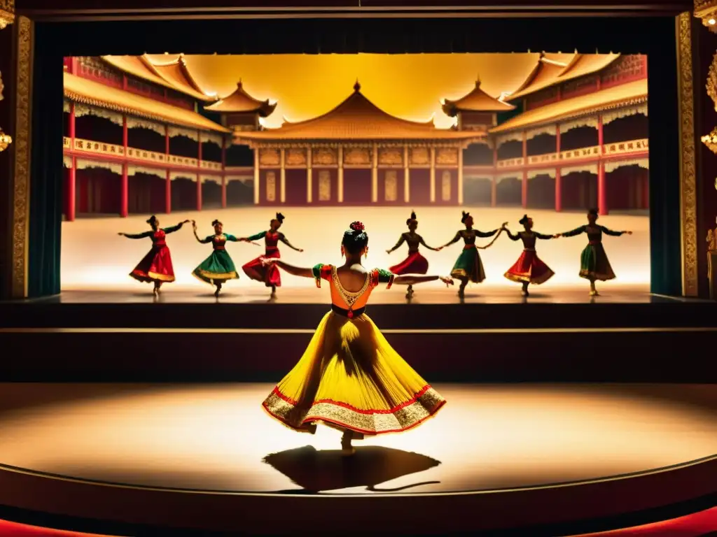 'Fotografía de danzas tradicionales en un teatro ornamentado, con movimientos precisos y coloridos