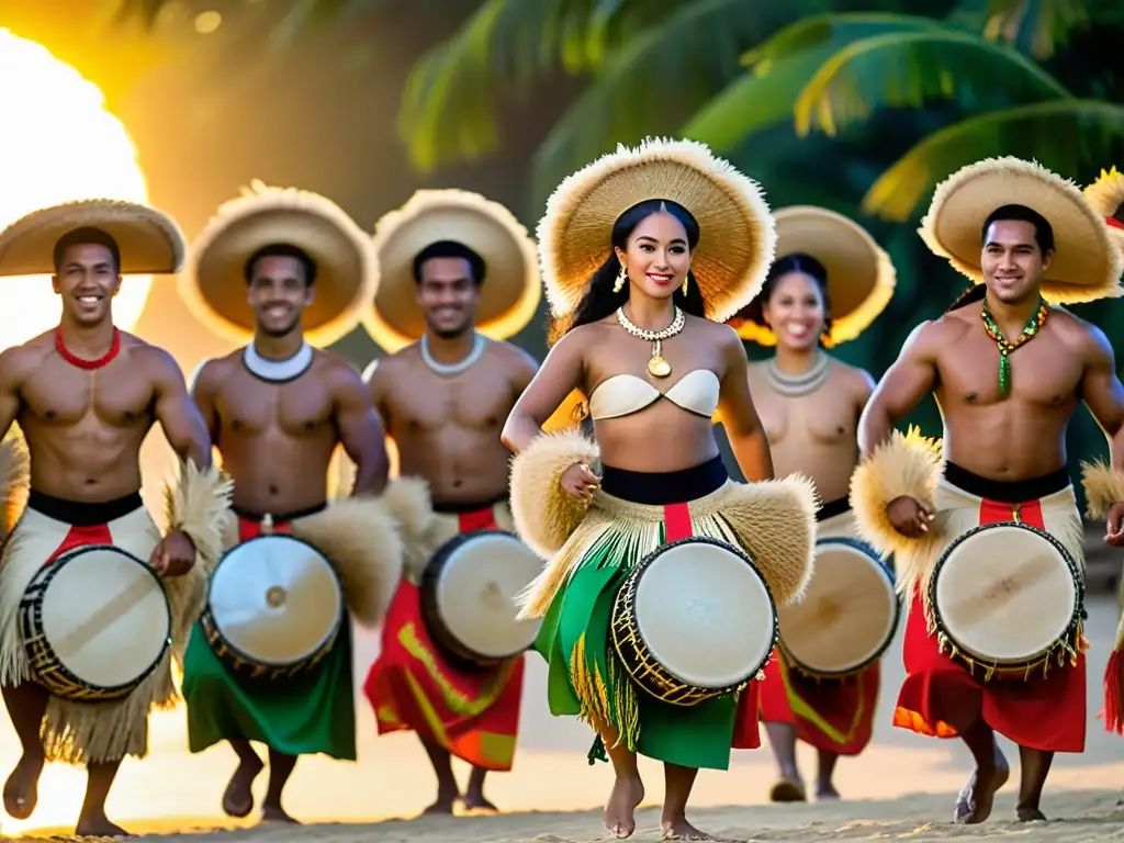 Danzas tradicionales de Tonga: Gracia, color y tradición se fusionan en una cautivadora presentación al atardecer entre exuberante vegetación tropical