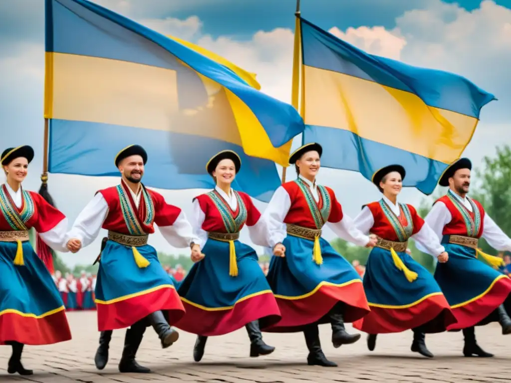 Danzas tradicionales Cossack ucraniano: Grupo de bailarines Cossacks ucranianos con trajes vibrantes, ejecutando una danza enérgica y expresiva