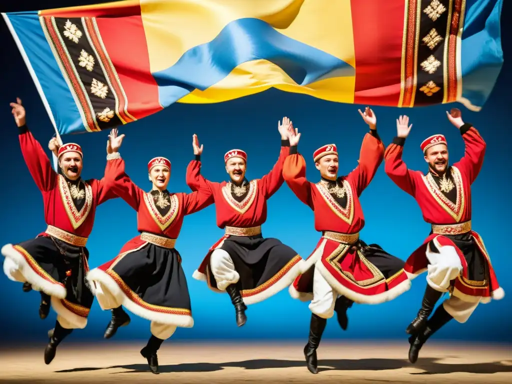 Danzas tradicionales Cossack ucraniano: Grupo de bailarines saltando con gracia y energía en trajes vibrantes, en un escenario tradicional ucraniano