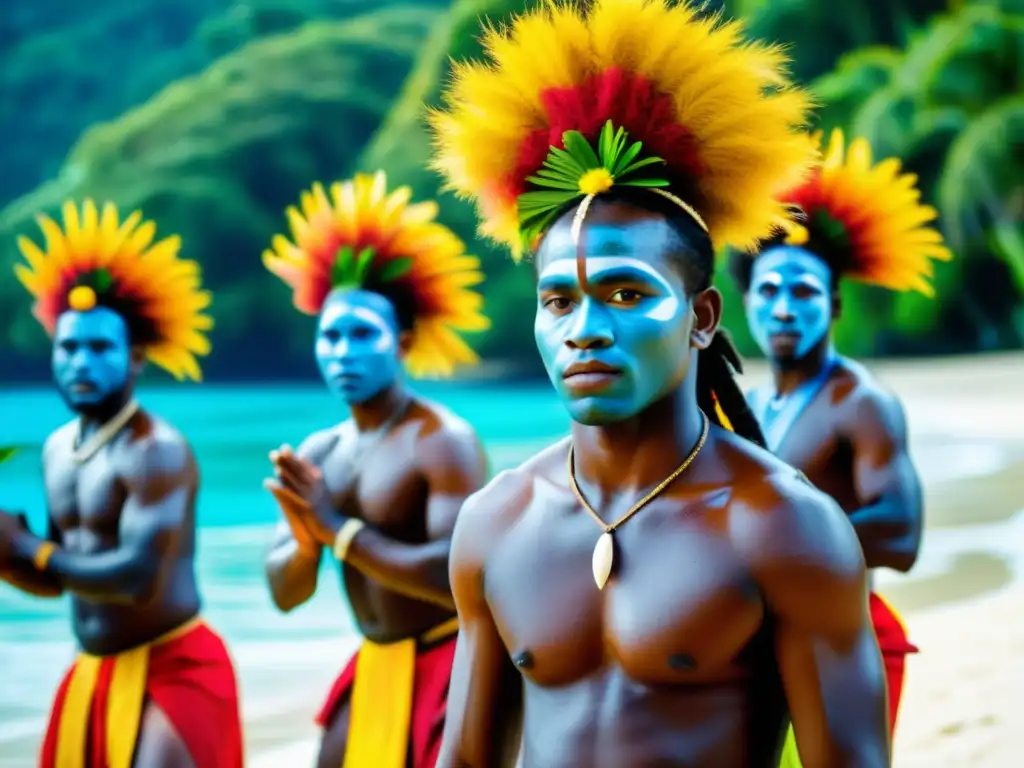 Danzas tradicionales de Vanuatu: grupo de bailarines indígenas en la playa, con trajes coloridos y movimientos expresivos que transmiten una profunda conexión espiritual con la tierra