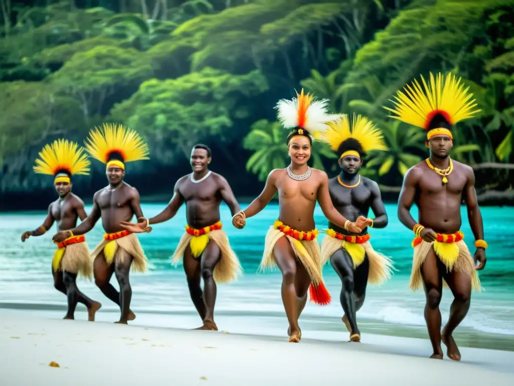 Danzas tradicionales de Vanuatu: grupo de bailarines indígenas en la playa, con coloridos trajes, pintura corporal y movimientos rituales que conectan con la tierra y lo espiritual