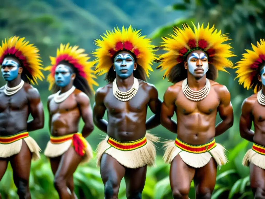 Danzas tradicionales de Vanuatu: Grupo de bailarines con trajes y pinturas corporales, realizando una fascinante danza ritual en un exuberante paisaje tropical