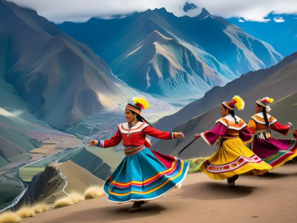 Danzas tradicionales Andes: Baile vibrante en un escenario montañoso, con trajes coloridos y músicos acompañantes