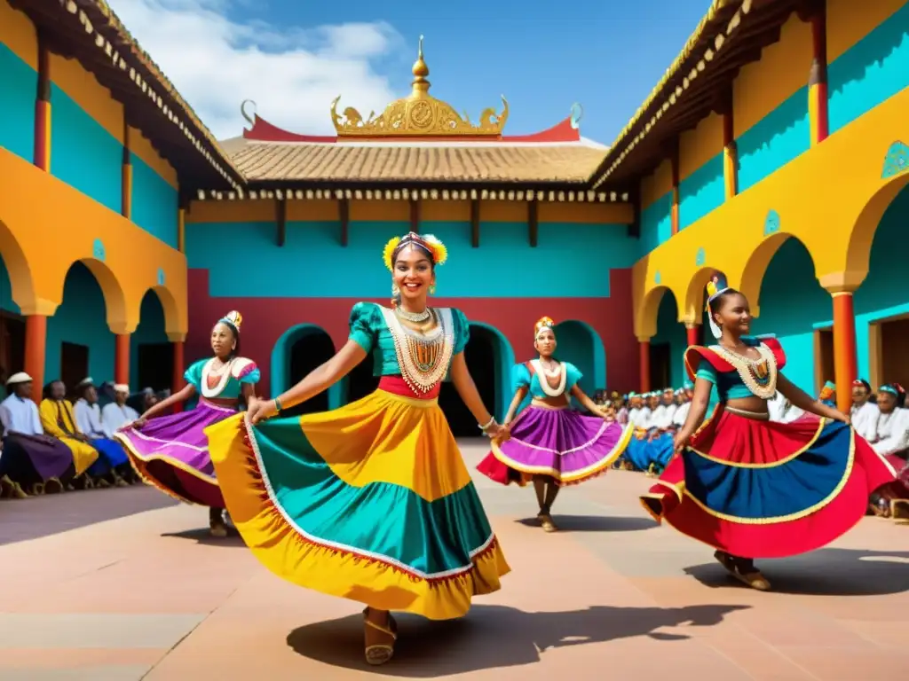 Danzas tradicionales cautivan en vibrante plaza, jóvenes expresan energía y color