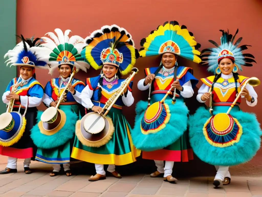 Danzas tradicionales de Bolivia vientos: Coloridos bailarines y músicos en festival callejero bullicioso