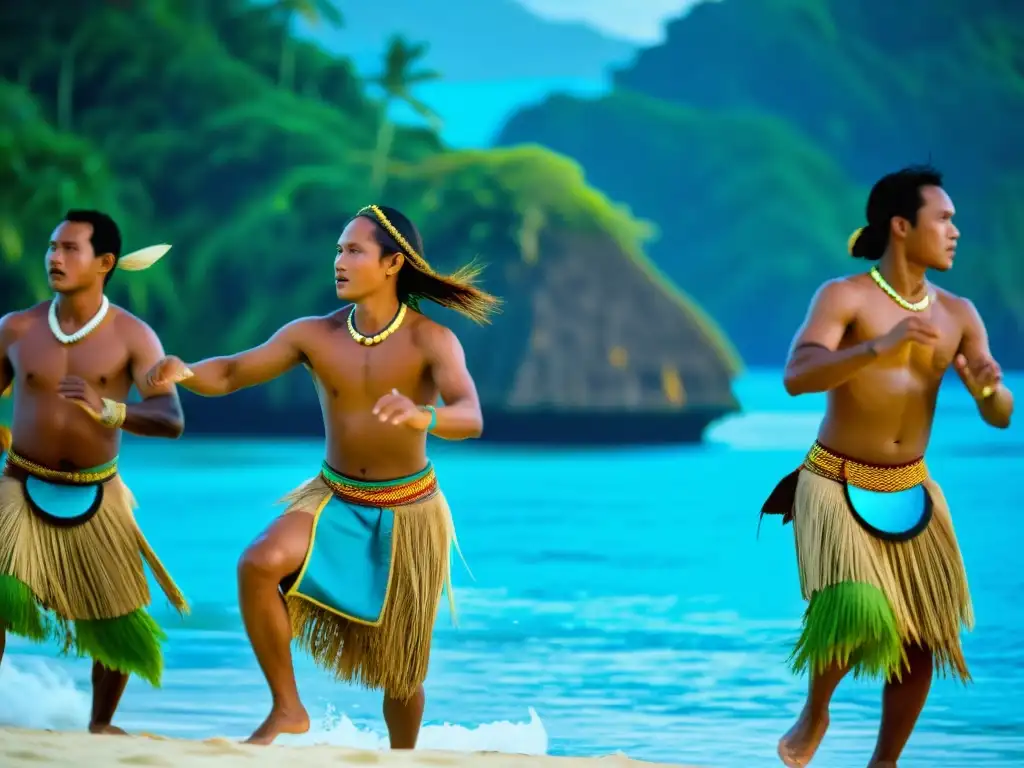 Danzas palauanas en trajes tradicionales, moviéndose al ritmo de tambores y cánticos, con un exuberante bosque tropical y el resplandeciente océano Pacífico de fondo