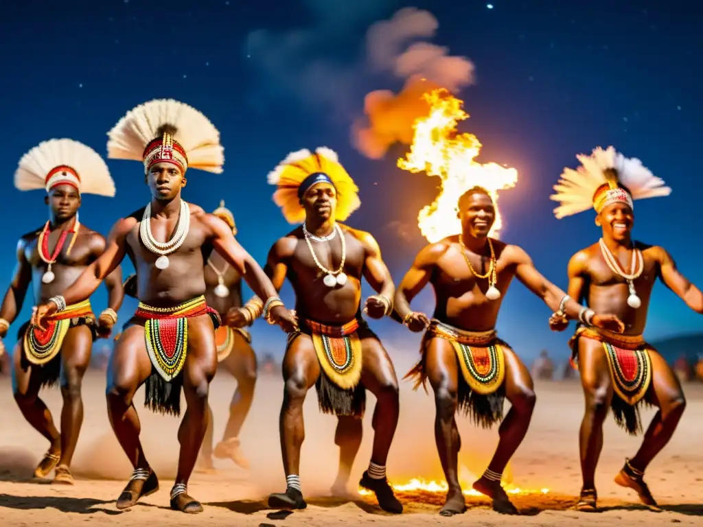 Danzas tribales de África significado: Grupo de bailarines africanos ejecutando una danza vibrante alrededor de una fogata bajo el cielo nocturno