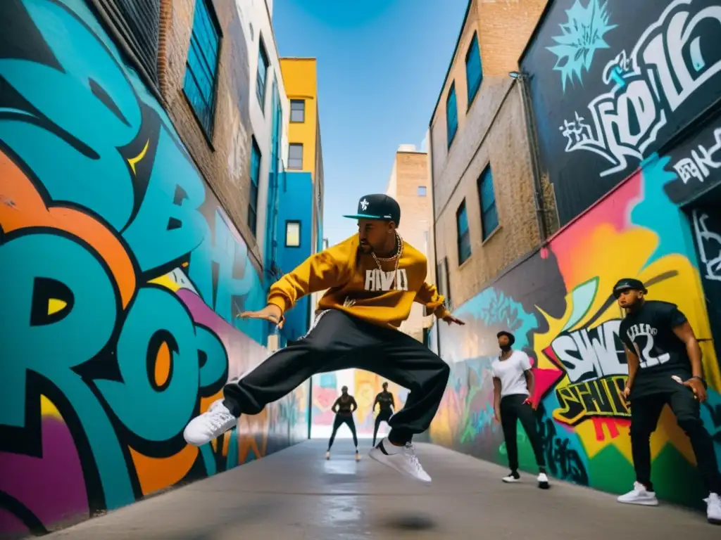 Danzas urbanas influencia internacional: Grupo de bailarines de hip hop en un callejón graffiteado, con movimientos dinámicos y energía vibrante