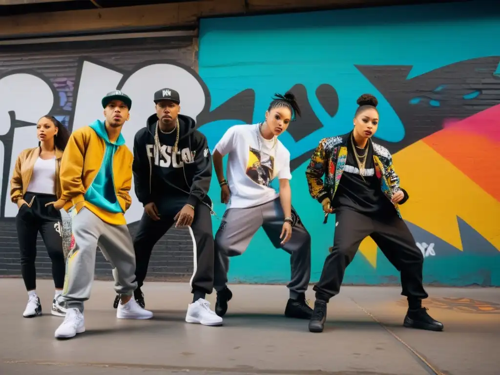 Danzas urbanas influencia internacional: Grupo diverso de bailarines expresando la energía del hip hop entre grafitis coloridos en un entorno urbano