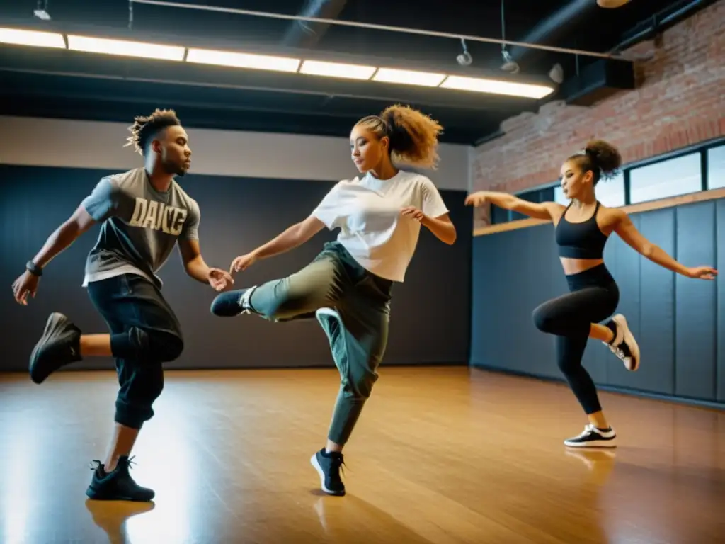 Danzas urbanas influencia internacional: Estudiantes de baile urbano practican coreografías de hip hop con pasión en un estudio citadino