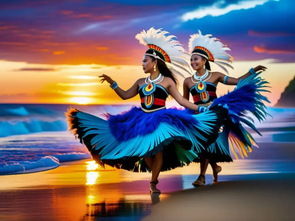 Danzas del Pacífico: vibrante rutina tradicional con trajes coloridos y plumas, contra un atardecer espectacular sobre el océano