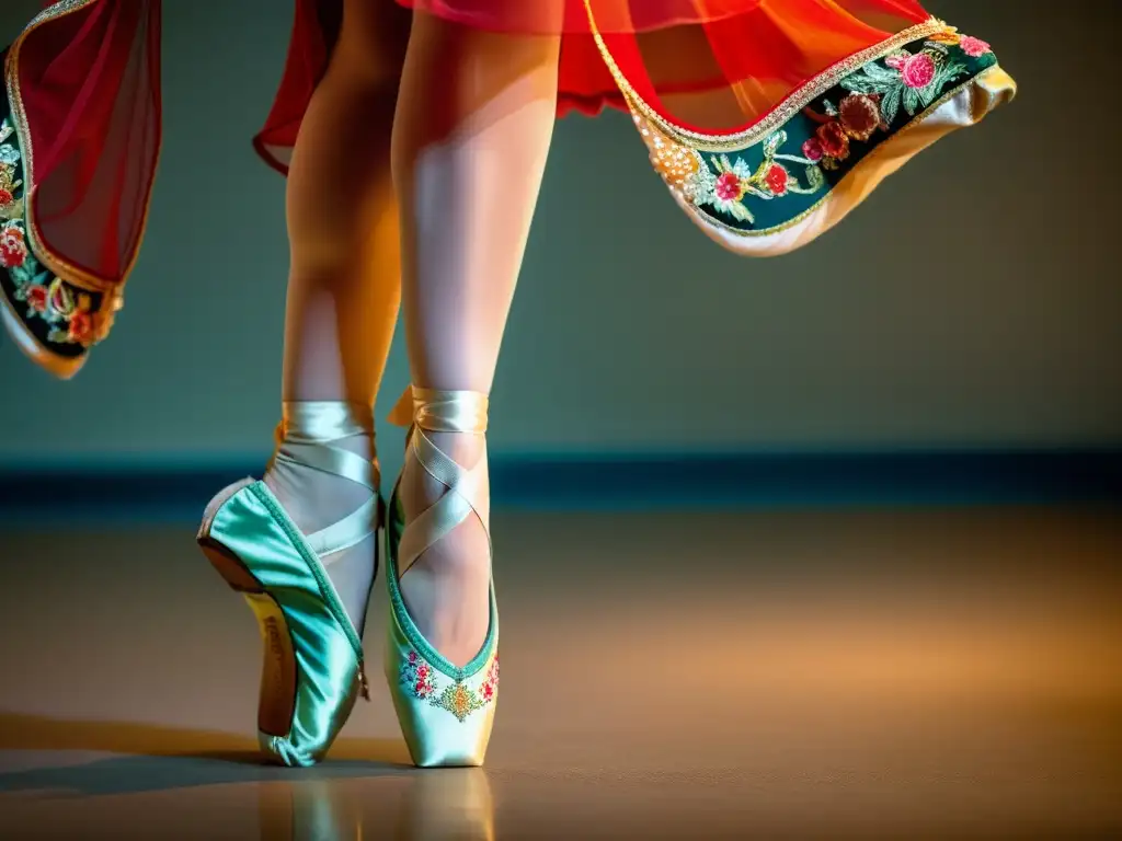 Los delicados pies de una bailarina de ballet chino en punto, mostrando la elegancia y precisión de las técnicas fundamentales del ballet chino