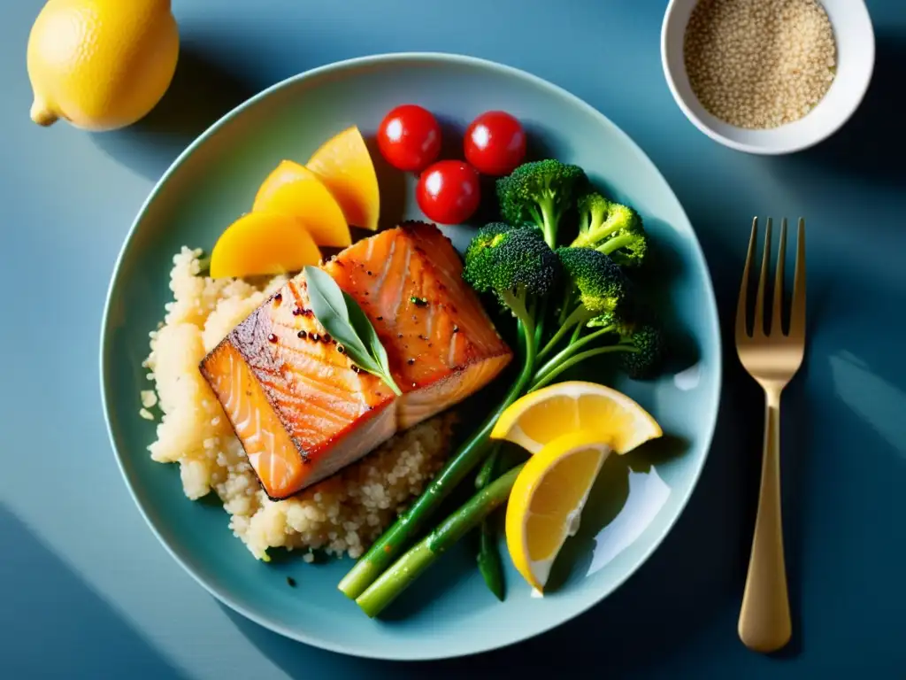 Deliciosa comida preescenario para bailarines: quinoa, salmón, vegetales al vapor y frutas frescas en un plato vibrante y nutritivo