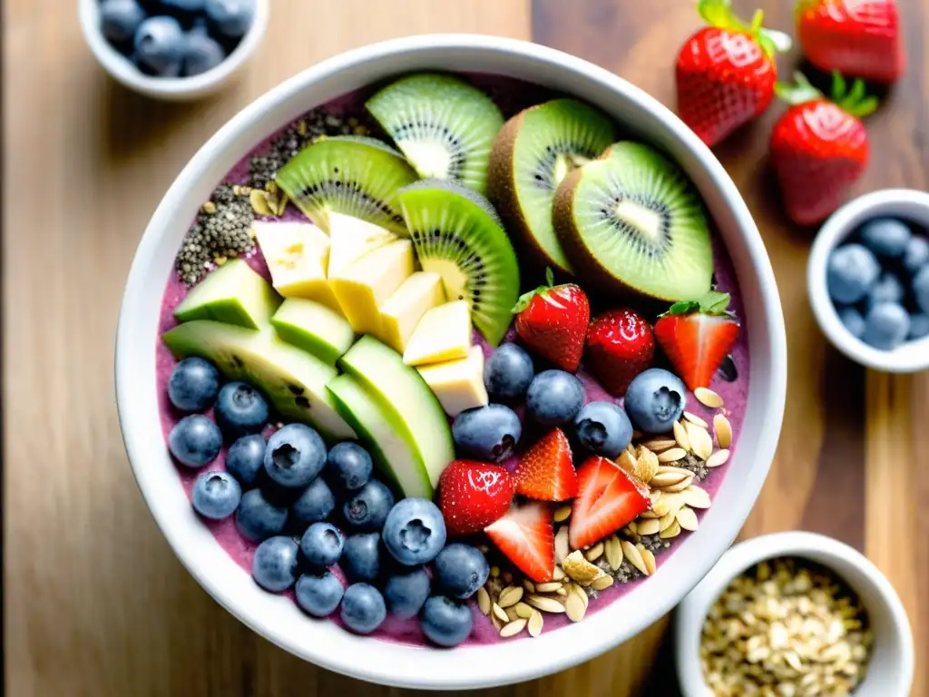 Deliciosa bowl con superalimentos para energía en danza, repleta de coloridas frutas y semillas sobre una mesa de madera iluminada naturalmente