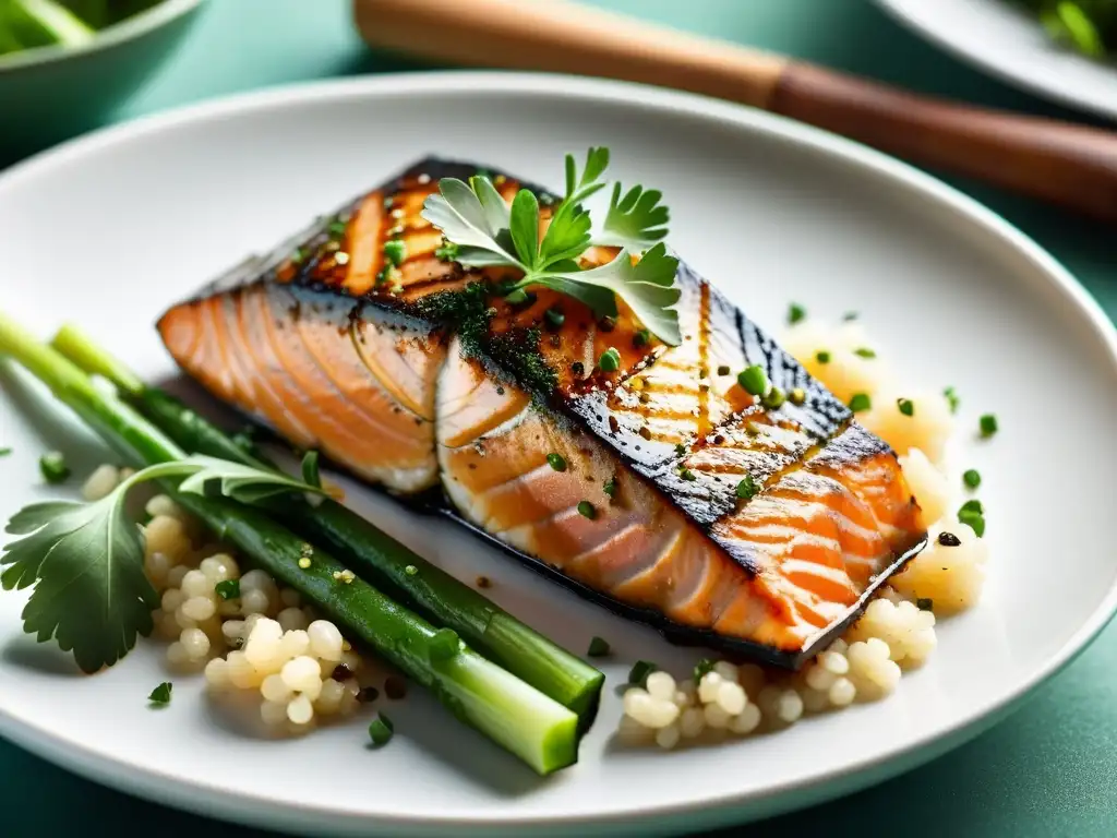 Delicioso salmón a la parrilla con vegetales y quinoa, ideal para el consumo de proteínas para bailarines