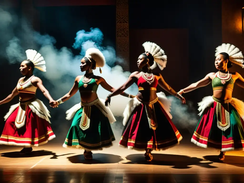 Derechos de autor en danzas tradicionales: Grupo de bailarines en trajes vibrantes, congelados en una pose poderosa en un ambiente humeante y tenue