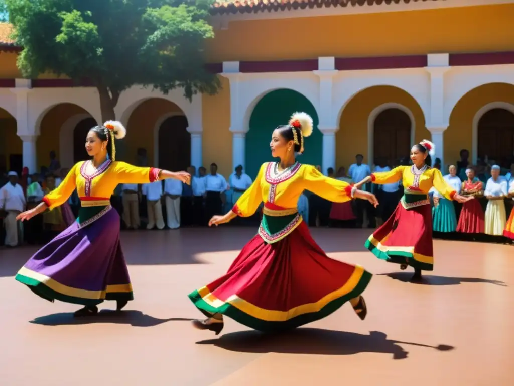 Derechos de autor en coreografía tradicional: Colorida danza tradicional en una plaza soleada, con movimientos sincronizados y vestimenta tradicional, cautivando a los espectadores