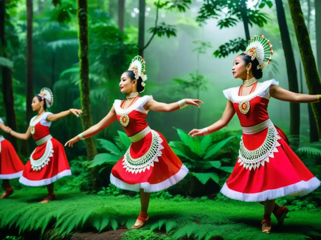 Derechos de autor en coreografía tradicional: Grupo de bailarines tradicionales ejecutando una coreografía deslumbrante en un exuberante bosque