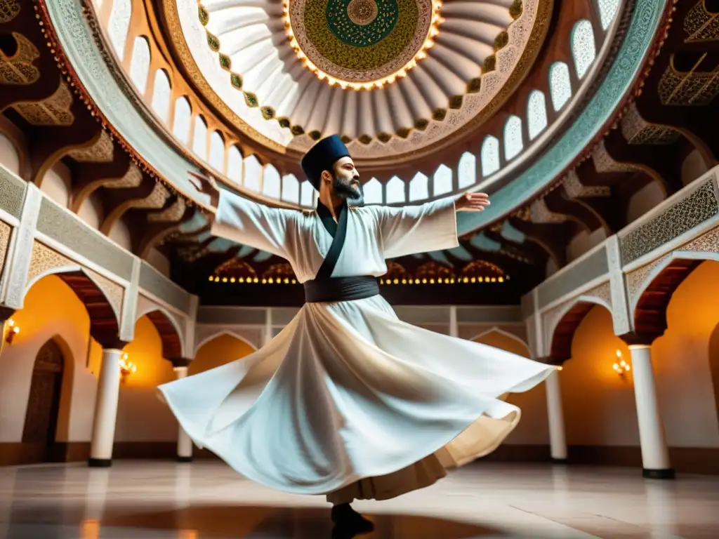 Un Derviche gira con gracia en su atuendo blanco, mostrando el significado cultural de la Danza Whirling Dervish en un entorno impresionante de arquitectura detallada