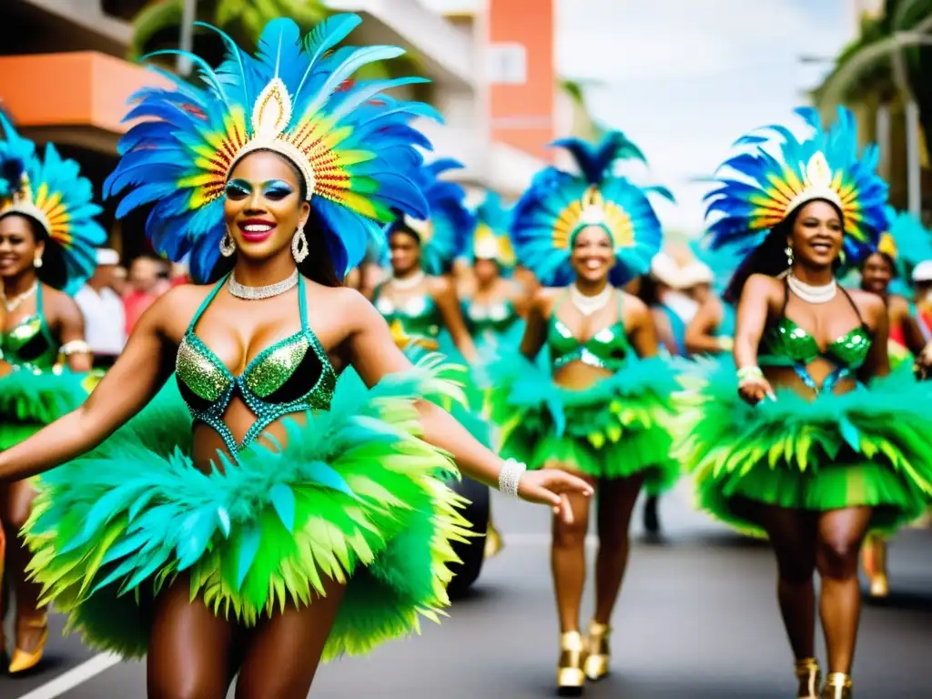 Un desfile callejero en Brasil con bailarines de samba en trajes coloridos y plumas, irradiando energía y ritmo contagioso