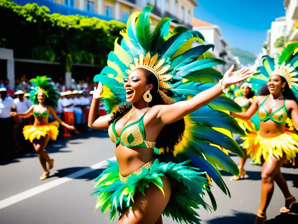 Un desfile callejero en Río de Janeiro muestra a un grupo de bailarines de samba en trajes coloridos y plumas, irradiando alegría y pasión al ritmo contagioso de la música