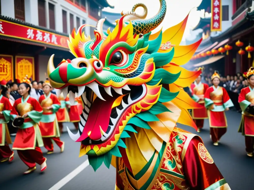 Desfile callejero vibrante con un elaborado traje de dragón en la luz del sol, mostrando los secretos de la Danza del Dragón