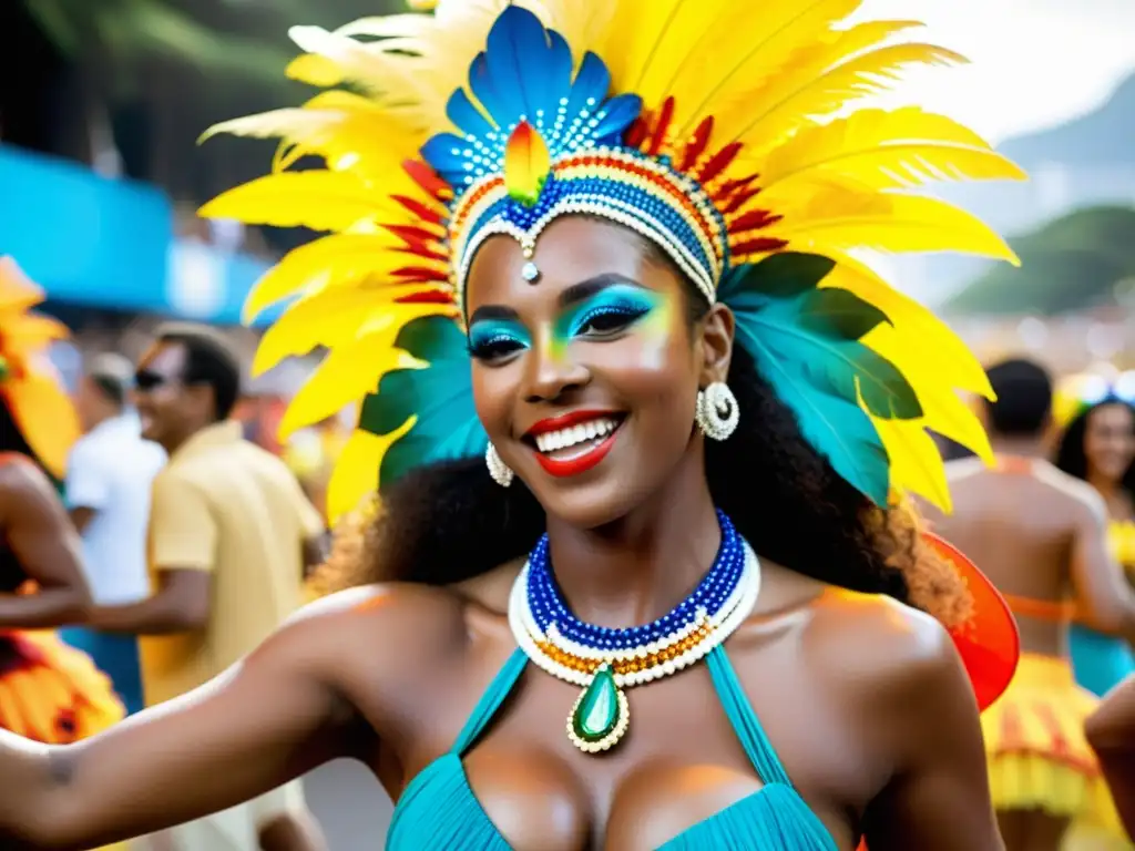 Desfile callejero vibrante en Río de Janeiro con samba ritmo contagioso, expresiones exuberantes y trajes coloridos