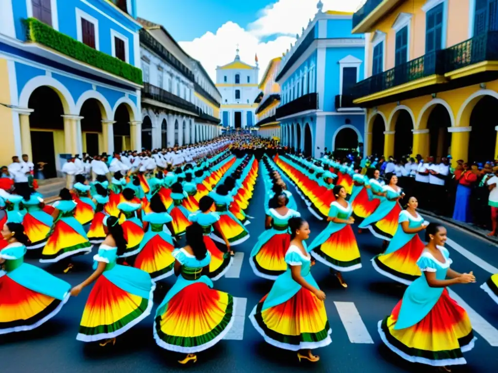 Desfile colorido de festivales de danza tradicionales del mundo en las calles de Salvador, Brasil