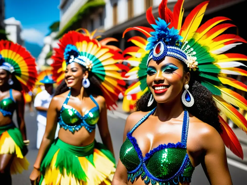 Desfile dinámico de bailarines de samba con trajes coloridos y elaborados del Carnaval de Río, reflejando el significado cultural del evento