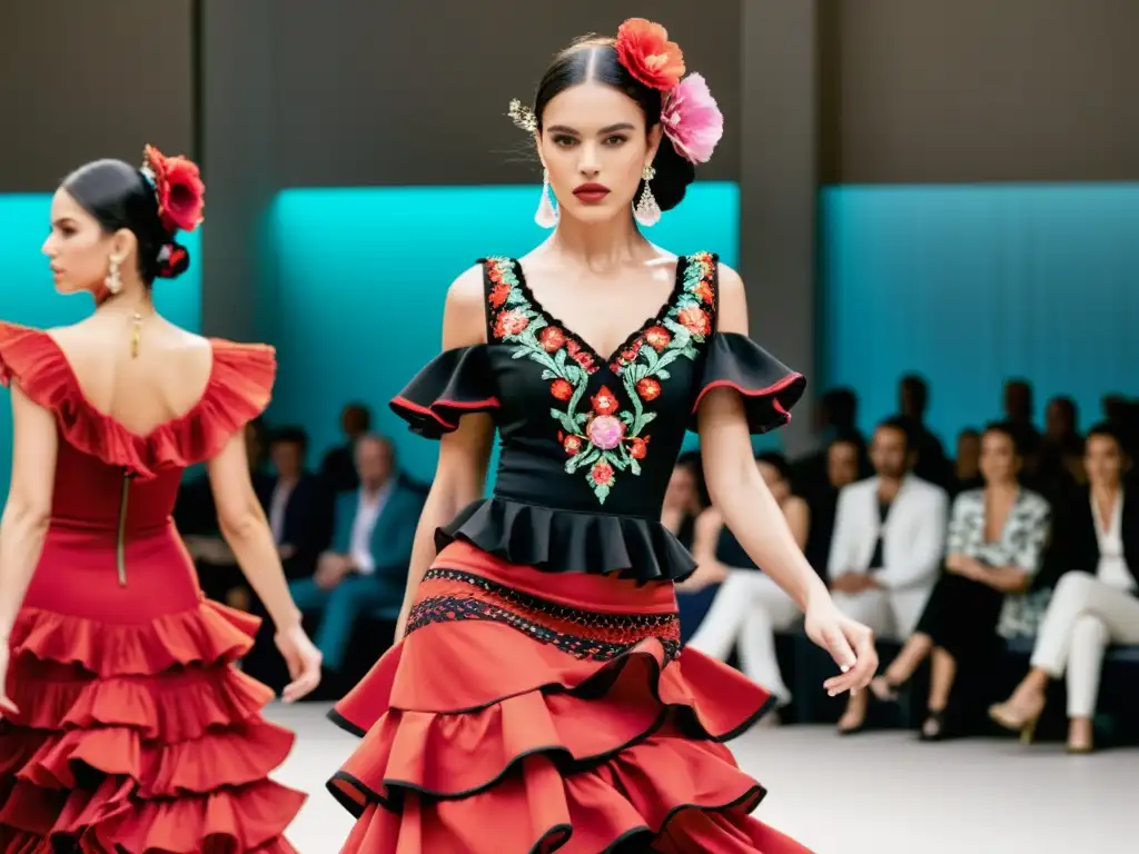 Desfile de moda flamenca moderna capturando la evolución de la moda flamenca en pasarelas, con colores vibrantes y detalles intrincados