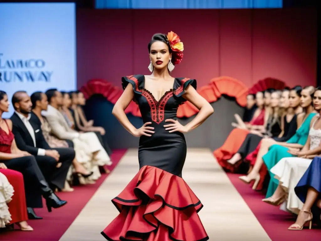 Desfile de moda flamenca con evolución en pasarelas: modelos lucen vestidos coloridos y vibrantes, exudando gracia y confianza