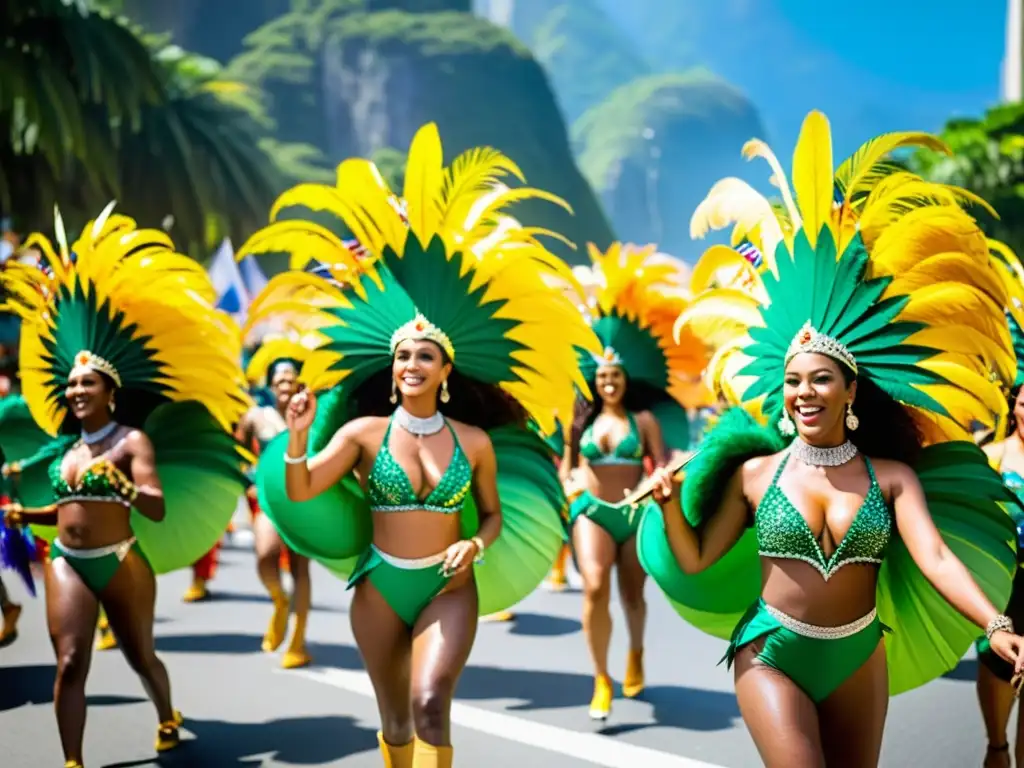 Desfile de samba en las calles de Río de Janeiro, con trajes coloridos, plumas y ritmo contagioso