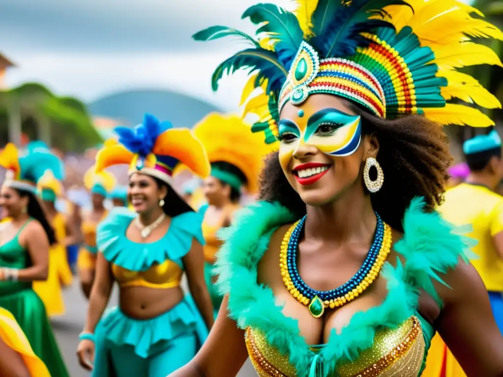 Desfile vibrante en el Carnaval de Río, con bailarines y carrozas coloridas, mostrando el significado cultural del Carnaval de Río en Brasil