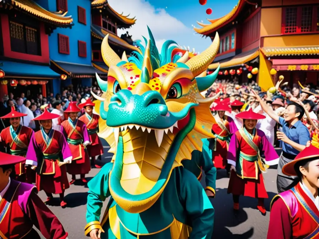 Desfile vibrante de la Danza del Dragón, con trajes relucientes y confeti