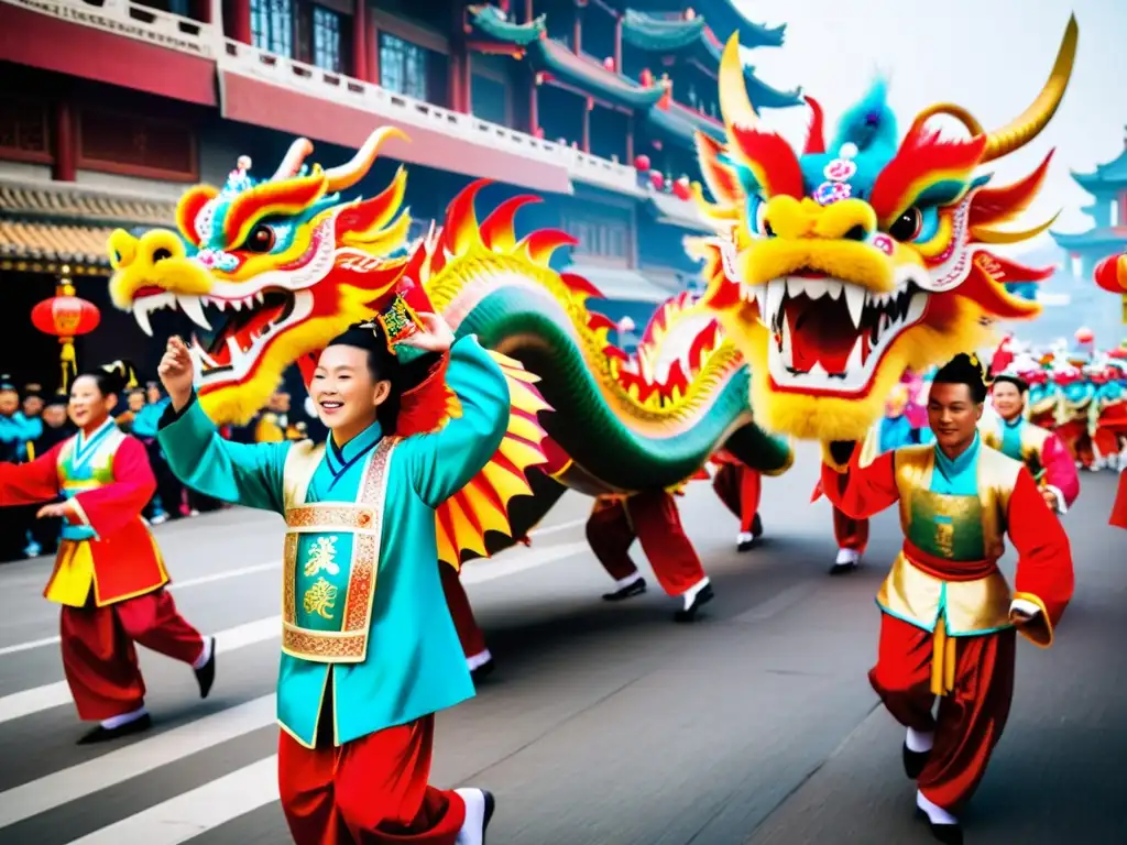 Desfile de vibrantes bailarines de dragón en el Festival de Danza del Dragón Qingdao, una celebración llena de color y tradición