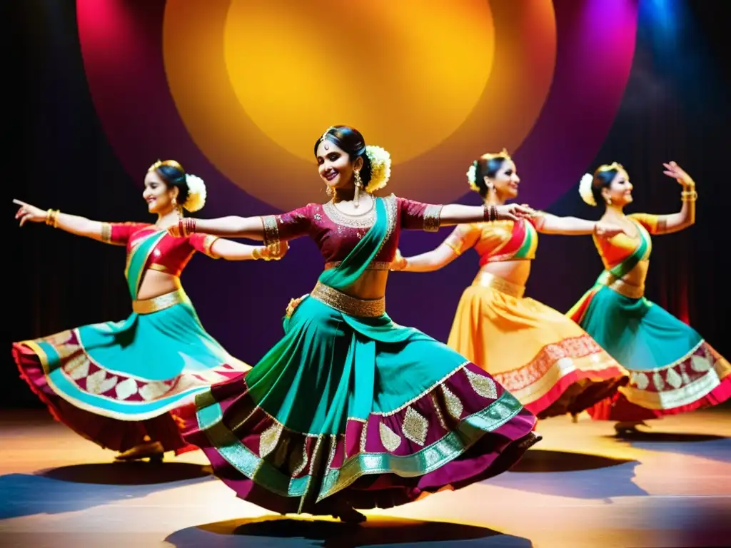 Una deslumbrante actuación de danza tradicional de Bollywood con trajes vibrantes, gestos elaborados y una coreografía dinámica