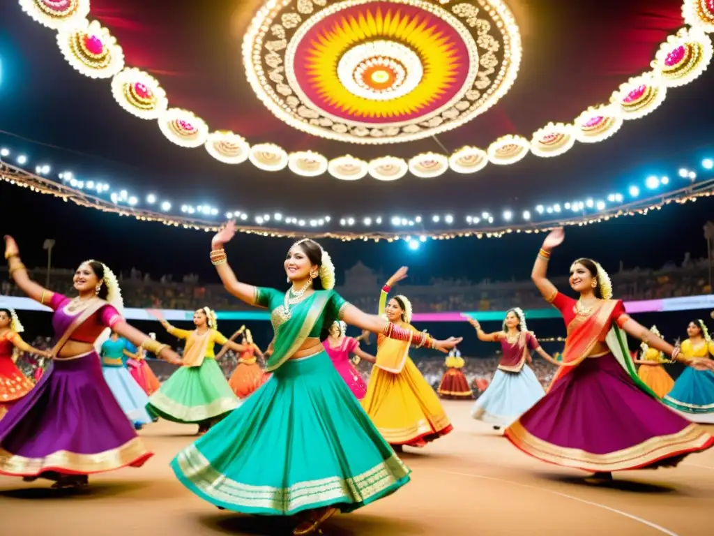 Una deslumbrante actuación de Garba en Gujarat, India, con trajes tradicionales coloridos y una animada atmósfera festiva