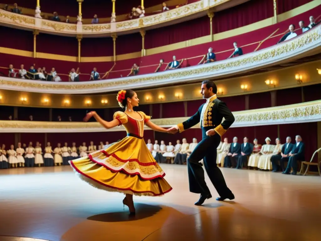 Una deslumbrante fotografía de bailes tradicionales de la zarzuela en un histórico teatro español, capturando la pasión y la tradición