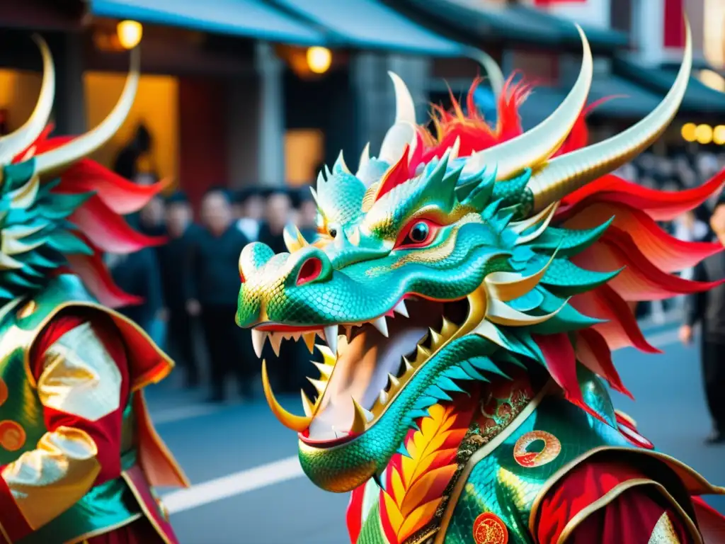 Deslumbrante danza del dragón en la ciudad, revelando los Secretos de la Danza del Dragón en vibrantes trajes y expresiones dedicadas