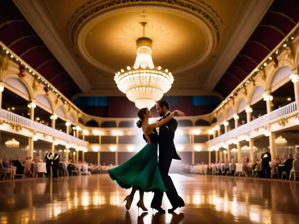 Deslumbrante danza de salón en Blackpool, con elegantes parejas bailando en un majestuoso salón de baile, bajo la luz de los candelabros