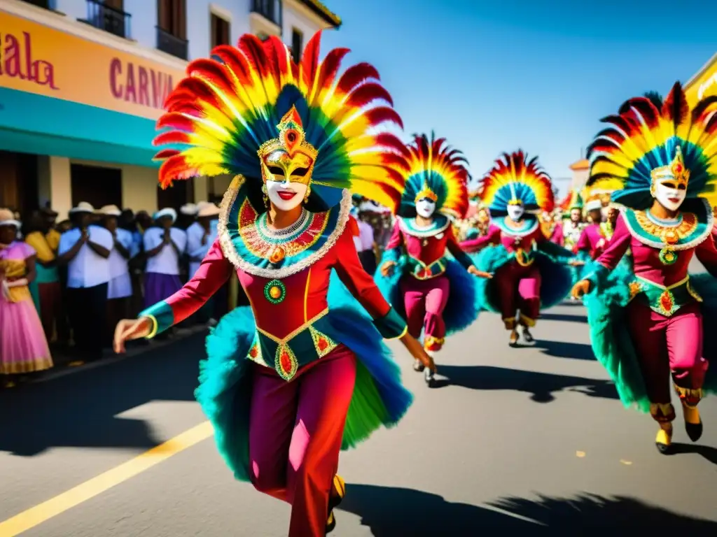 Un deslumbrante desfile de Carnaval con bailarines, máscaras y trajes coloridos, irradiando energía y alegría