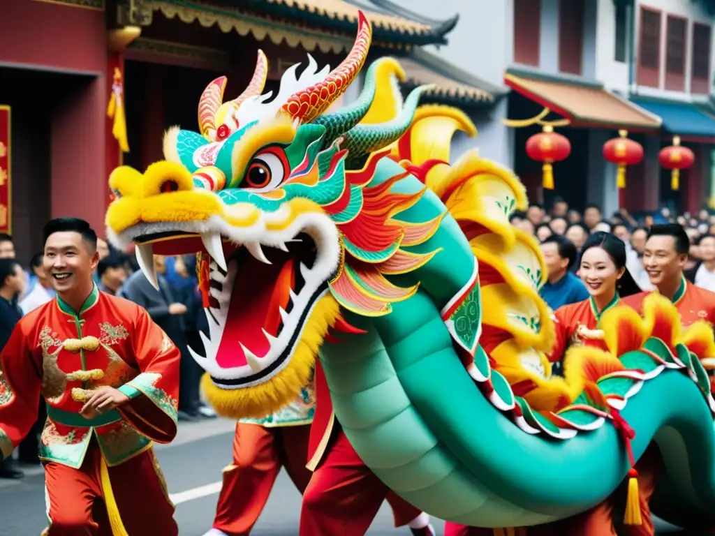 Un deslumbrante desfile de la Danza del Dragón, con un vibrante y largo dragón que serpentea entre la multitud