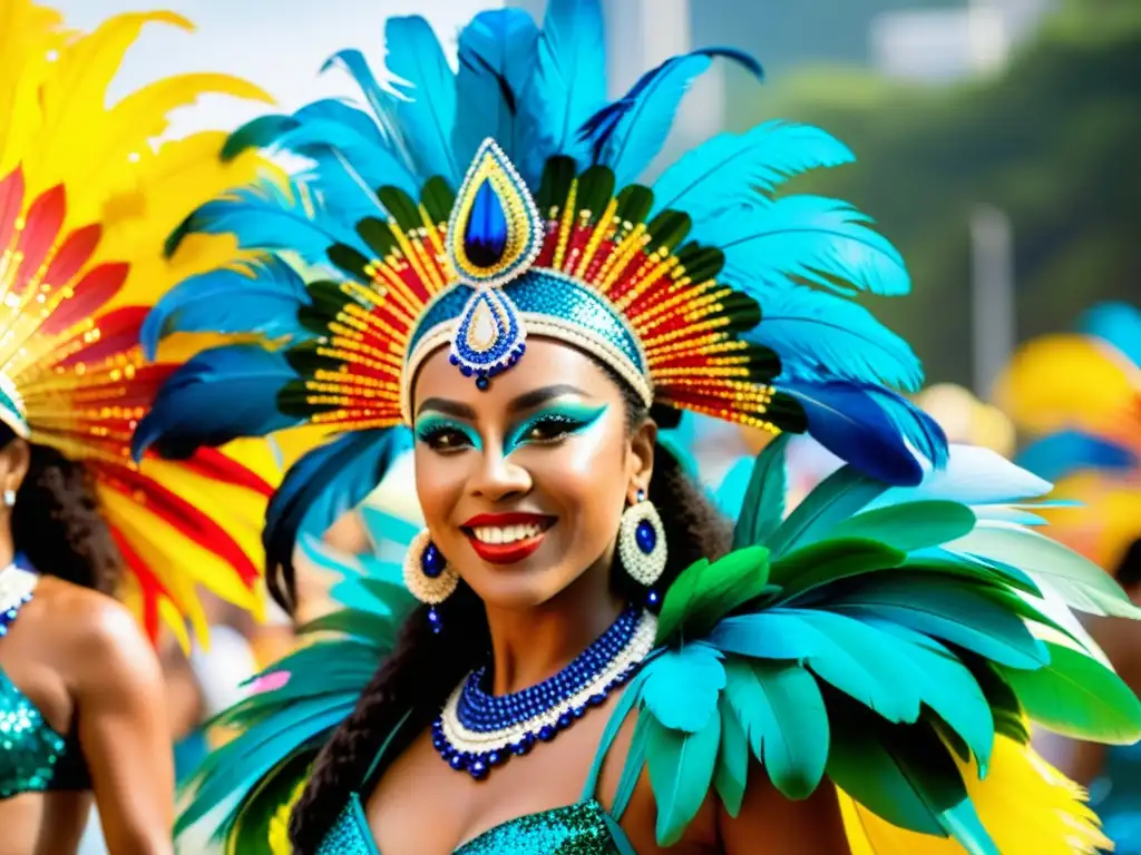 Deslumbrante desfile de samba carnaval en Río de Janeiro, Brasil, con bailarines y espectadores entusiastas