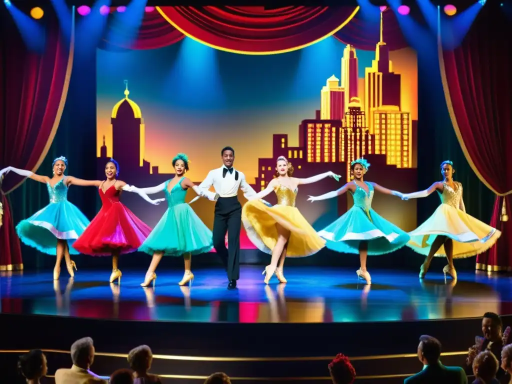 Deslumbrante escena de baile de Hollywood, con trajes vibrantes y coreografía dinámica, evocando la evolución de la danza en el cine