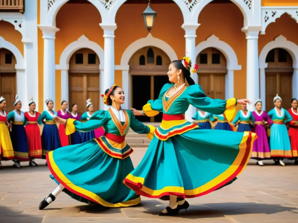 Un deslumbrante espectáculo de danzas tradicionales en una plaza histórica, con trajes coloridos y detallados que representan diversas culturas