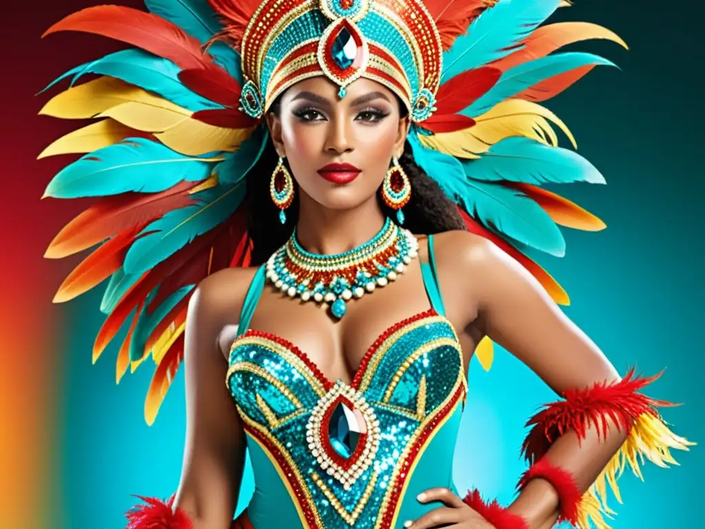 Un deslumbrante traje de samba, con plumas, lentejuelas y cuentas coloridas en rojo, dorado y turquesa