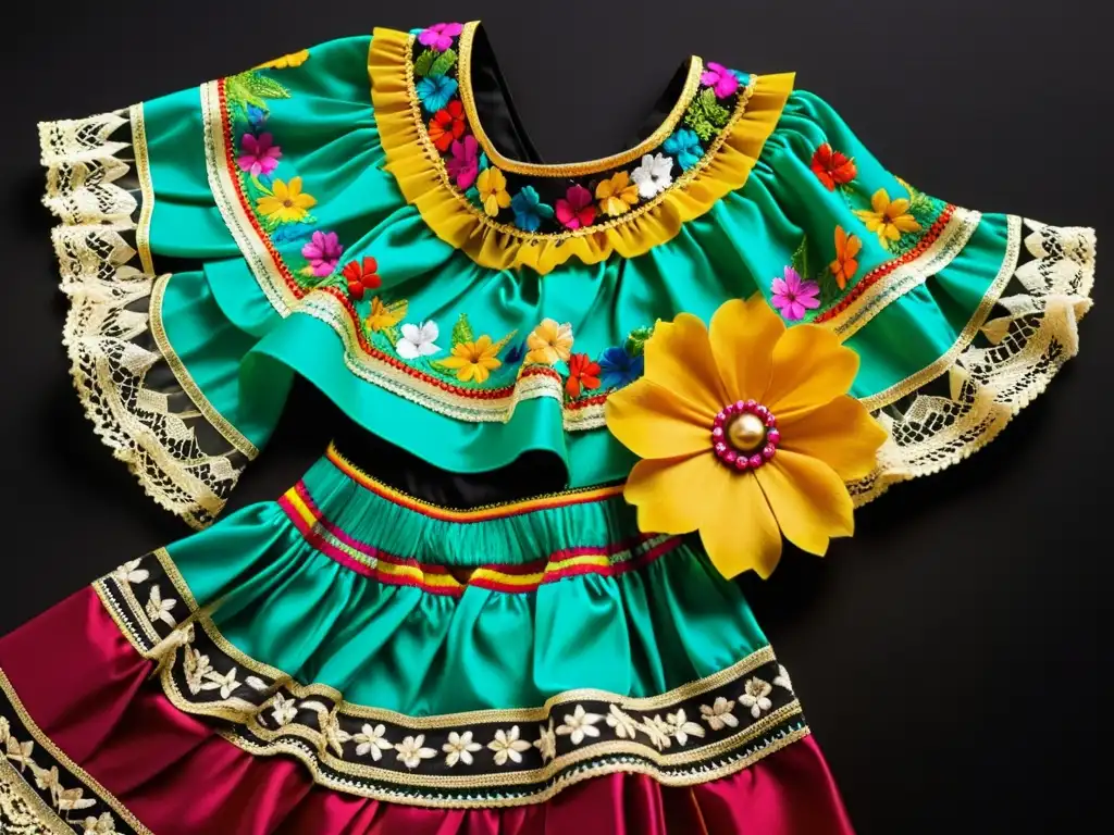 Deslumbrante vestuario de danza folclórica mexicana con técnicas artesanales y vibrantes colores sobre fondo negro